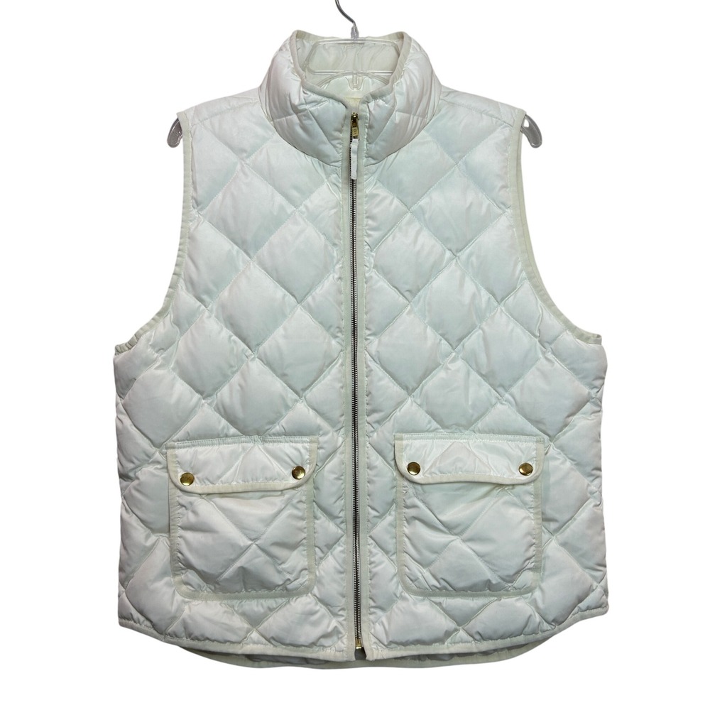 J Crew Quilted Down Vest Women XL White Diamond Puffer Gold Snap Pockets Preppy